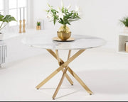 OLIVIA ROUND DINING TABLE WITH WHITE MARBLE TOP AND GOLD FEETS MEASURING 100X100X75CM
