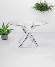 MESA DE COMEDOR REDONDA OLIVIA CON CUBIERTA DE CRISTAL TRANSPARENTE Y PATAS PLATEADAS DE 100X100X75CM