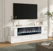 FLOMORA CHEMINEE  TV STAND WITH ELECTRIC FIREPLACE HEATER , 1500W, WITH REMOTE CONTROL , MULTICOLOR 3D FLAME EFFECT AND CHARGER WITH 4 DRAWERS MEASURING 180CM