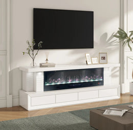 FLOMORA CHEMINEE  TV STAND WITH ELECTRIC FIREPLACE HEATER , 1500W, WITH REMOTE CONTROL , MULTICOLOR 3D FLAME EFFECT AND CHARGER WITH 4 DRAWERS MEASURING 180CM