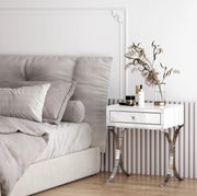 CROSS BEDSIDE TABLE IN WHITE AND SILVER FINSIHING 50X40X60CM