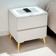 LYDIA BEDSIDE TABLE WITH MATTE WOOD, IN GOLD LEGS WITH LED AND WIRELESS CHARGING .MEASURING 50X40X55CM