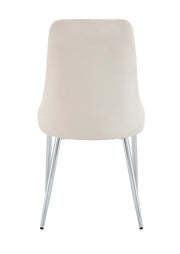 BELIZE CHAIR WITH SILVER LEGS AND BEIGE VELVET SEAT.