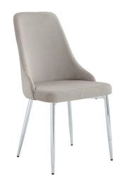BELIZE CHAIR WITH SILVER LEGS AND MOCHA VELVET SEAT.