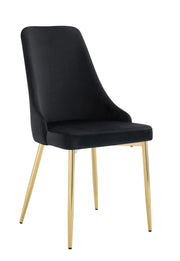 BELIZE CHAIR WITH GOLD LEGS AND BLACK VELVET SEAT.