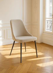BELIZE CHAIR WITH BLACK METAL LEGS AND MOCHA VELVET SEAT.