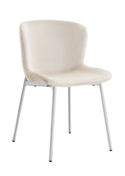 HAILEY CHAIRS WITH SILVER LEGS AND OFF WHITE/BEIGE VELEVT SEAT.