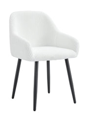 PEACH CHAIR WITH BLACK METAL LEGS IN OFF WHITE/BEIGE RIBBED FABRIC.