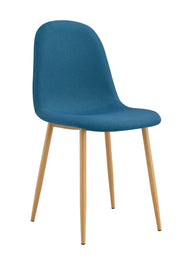 SCANDINAVIAN CHAIR WITH WOODEN LEGS IN TEAL BLUE FABRIC.