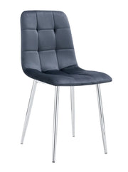 ELISA CHAIRS WITH SILVER LEGS AND ANTHRACITE/DARK GREY VELVET SEAT.