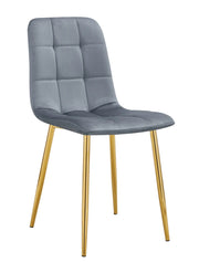 ELISA CHAIR WITH GOLD LEGS IN GREY SEAT.