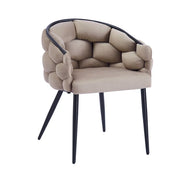 BALLON ARMCHAIR IN TAUPE WITH BLACK METAL LEGS.