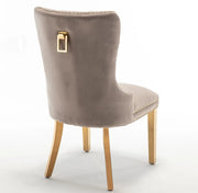 CHAIRS WITH RECTANGULAR GOLD HANDLE IN MOCHA VELVET AND GOLD FEETS.