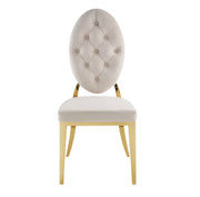 MEDAILLON BUTTON TUFTED CHAIRS WITH BEIGE VELVET AND GOLD LEGS.