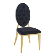 MEDAILLON BUTTON TUFTED CHAIRS WITH BLACK VELVET AND GOLD LEGS.