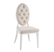 MEDALLION CHAIRS WITH BUTTON TUFTED WITH BEIGE VELVET AND SILVER FEETS.