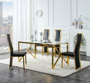 DANA CHAIRS IN BLACK FAUX LEATHER WITH GOLD FINISH.