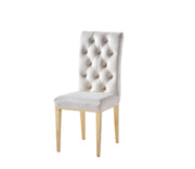 NEW NEVADA BUTTON TUFTED CHAIRS IN OFF WHITE/BEOGE VELVET AND GOLD FEETS.