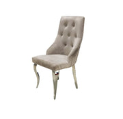 STUDDED RING CHAIR IN MOCHA VELVET WITH STAINLESS STEEL FEETS IN SILVER .