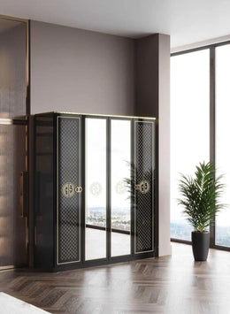 GUCCI WARDROBE IN BLACK AND GOLD FINISH WITH MIRROR AND 4 DOORS.MEASURING 180X57X216CM