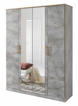 ALICE WARDROBE WITH GREY MARBLE DESIGN WITH 4 DOORS AND MIRROR.MEASUIRNG 163X54X212CM