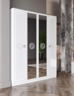 WARDROBE IN BEIGE AND SILVER FINISHING WITH 4 DOORS . MEASURING 180X57X216CM