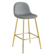 SCANDINAVIAN BAR STOOL WITH GOLD LEGS IN GREY VELEVT.