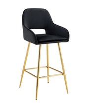 ATHENA BAR STOOL WITH GOLD LEGS IN BLACK VELVET.