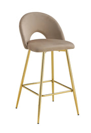 TEDDY BAR STOOL WITH GOLD LEGS IN TAUPE VELVET.