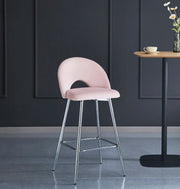 TEDDY BAR STOOL WITH SILVER LEGS IN PINK VELVET.
