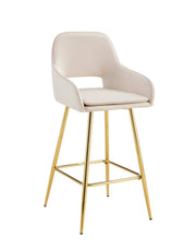 ATHENA BAR STOOL WITH GOLD LEGS IN BEIGE VELVET.