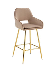 ATHENA BAR STOOL WITH GOLD LEGS IN TAUPE VELVET.