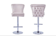 GABRIELLE BAR STOOL WITH SILVER LEGS IN BEIGE VELVET  ALSO UP AND DOWN . MEASUIRING 46X40X96-117CM