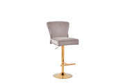 GABRIELLE BAR STOOL WITH GOLD LEGS IN TAUPE VELVET ALSO UP AND DOWN . MEASUIRING 46X40X96-117CM