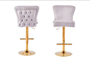 GABRIELLE BAR STOOL WITH GOLD LEGS IN BEIGE VELVET ALSO UP AND DOWN . MEASUIRING 46X40X96-117CM
