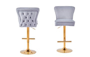 GABRIELLE BAR STOOL WITH GOLD LEGS IN GREY VELVET ALSO UP AND DOWN . MEASUIRING 46X40X96-117CM