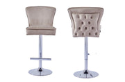GABRIELLE BAR STOOL WITH SILVER LEGS IN TAUPE VELVET ALSO UP AND DOWN . MEASUIRING 46X40X96-117CM