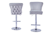 GABRIELLE BAR STOOL WITH SILVER LEGS IN GREY VELVET ALSO UP AND DOWN . MEASUIRING 46X40X96-117CM