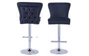 GABRIELLE BAR STOOL WITH SILVER LEGS IN BLACK VELVET ALSO UP AND DOWN . MEASUIRING 46X40X96-117CM