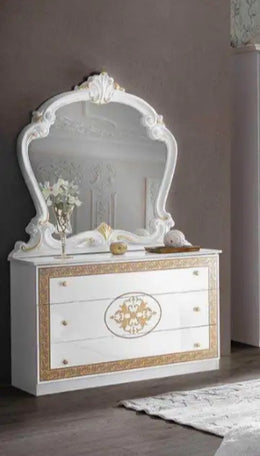 PALOMA DRESSING TABLE IN WHITE AND GOLD FINISH WITH 3 DRAWERS AND MIRROR.MEASURING 113X42X74CM