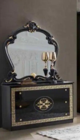 PALOMA DRESSING TABLE IN BLACK AND GOLD FINISH WITH 3 DRAWERS AND MIRROR.MEASURING 113X42X74CM