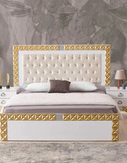 ALLIANCE BED IN WHITE AND GOLD COLOR WITH VELVET ON HEADBOARD .MEASURING 160X200CM.WITHOUT MATRESS.WITH SOMMIER,CANAPE