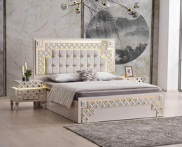 CRISTAL BED IN BEIGE AND GOLD CONTRAST WITH VELVET HEADBOARD WITH LIGHT.MEASUIRNG 160X200CM WITHOUT MATRESS.WITH SOMMIER,CANAPE