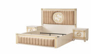 GUCCI BED IN BEIGE AND GOLD FINISH WITH VELVET ON HEADBOARD.MEASURING 160X200CM WITHOUT MATRESS.WITH SOMMIER,CANAPE.