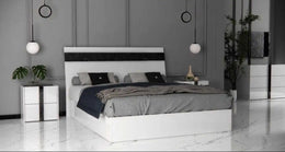LUXY BED IN BLACK AND WHITE COLOR .MEASURING 160X200CM.WITHOUT MATRESS.WITH SOMMIER,CANAPE.