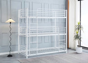 THREE BUNK BED IN WHITE METAL MEASURING 90X190 + 90X190 +90X190CM.WIYHOUT MATRESS.