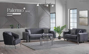 PALERMO SOFA SET IN 3+2+1 IN GREY VELVET WITH SILVER FINISH WITH CUSHIONS.