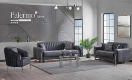 PALERMO SOFA SET IN 3+2+1 IN GREY VELVET WITH SILVER FINISH WITH CUSHIONS.