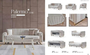 PALERMO SOFA SET IN 3+2+1 IN BEIGE VELVET WITH GOLD FINISH WITH CUSHIONS.