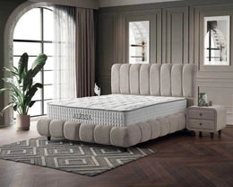 ALISSA BED IN BEIGE FABRIC WITH CANAPE AND WITHOUT MATRESS WITH ELEGANT DESIGN.MEASURING 140X190CM
